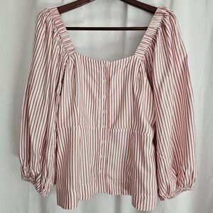 Cabi Striped Top w Puffy SleevesElastic Back Red, White & Black All Rayon sz M
